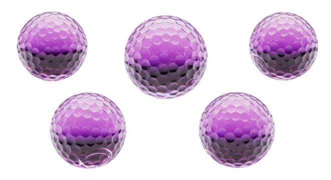 Five purple golf balls arranged on a white backdrop showcasing design aesthetics suitable for sports art or abstract concepts