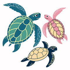 Three stylized sea turtles swimming illustration marine life