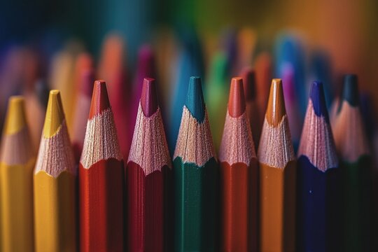 Vibrant colored pencils arranged in vertical rainbow gradient with art supplies