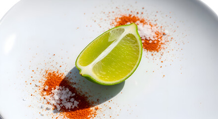 Lime Slice Sits on Plate with Salt and Chili Powder for Flavor Enhancement Closeup