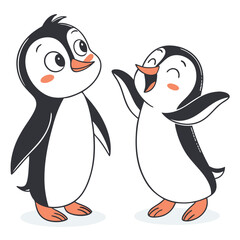 Two happy penguins interacting cute cartoon