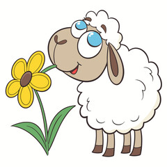 Whimsical sheep enjoying a yellow flower cartoon lamb