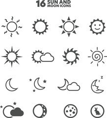 Celestial Vector Icons: A set of 16 minimalistic icons representing the sun, moon, and stars, rendered in a clean vector style, ideal for weather forecasts or astrological designs.