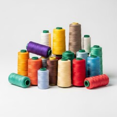 Spools of colorful thread on a solid white background, sewing and crafting resource image