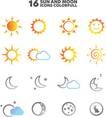 Iconic Celestial Duo: A vibrant array of sun and moon icons representing various styles and concepts, perfect for design projects and thematic representations. 