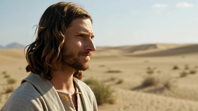 Man with basket of bread and fish in desert. Biblical scene of Jesus Christ feeding multitude in new testament footage.