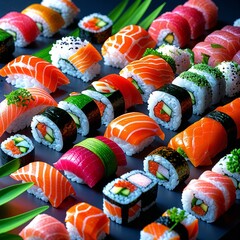 sushi rolls on a black plate  food japan cuisine gourmet healthy meal fresh lunch dinner restaurant fish seafood shrimp rise pattern design white background close-up