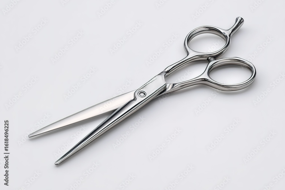 Poster professional stainless steel scissors placed on a neutral background, showcasing precision design an