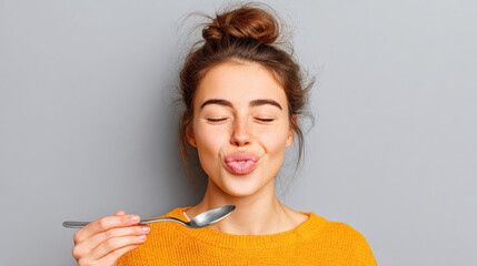 Mindful Eating Practices type. Smiling woman enjoying food with a spoon against a gray background.