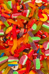 Assorted gummy candies. Top view. Jelly  sweets background.