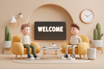 A 3D render of a HR manager interviewing a candidate in an office setting. The couple is sitting across from each other, engaged in conversation.