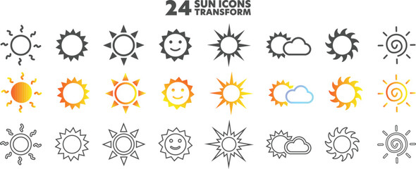 Collection of sun icons: A diverse selection of vector sun icons perfect for use in a wide range of design projects, from websites and apps to print materials and presentations. 