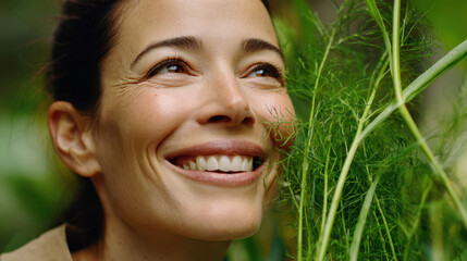 Mindful Eating Practices type. A smiling woman surrounded by fresh greenery.
