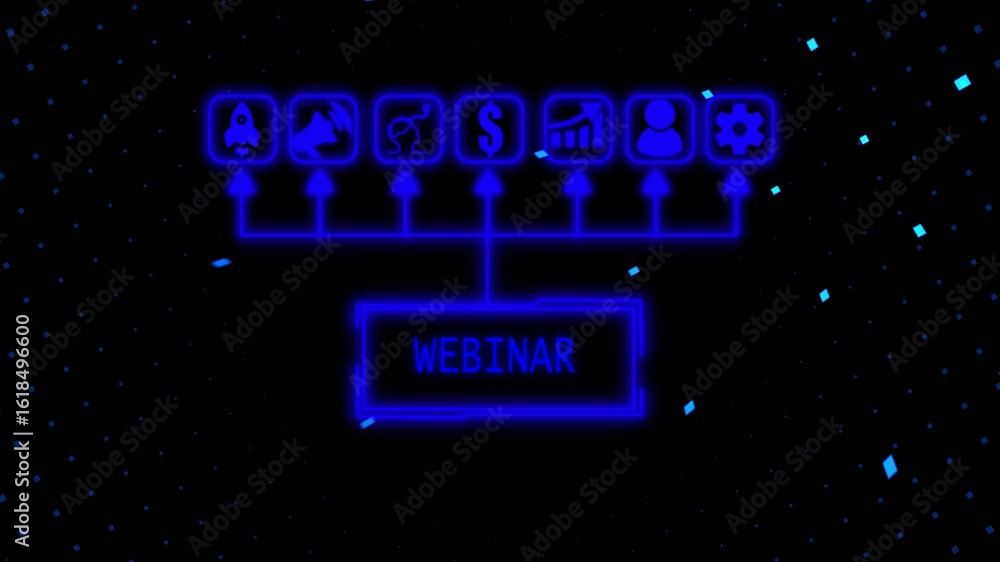 Poster webinar concept visualized with futuristic icons and business collaboration graphics, business, inte