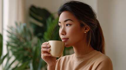 Mindful Eating Practices type. Woman enjoying a cup of coffee in a cozy setting.