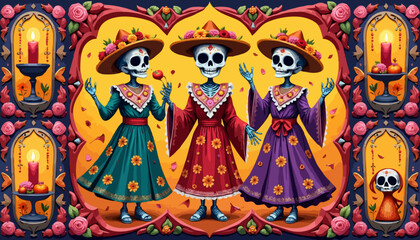 Colorful Illustration of a Day of the Dead Altar Scene