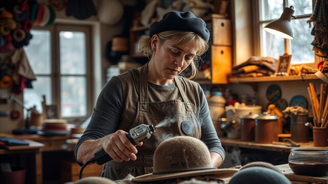 Milliner crafting a hat. A female artisan, a milliner, carefully shapes a felt hat with a steamer in her cozy, well-lit workshop.