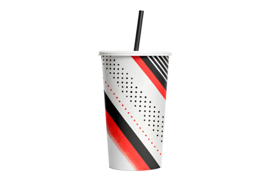 Modern disposable paper drink cup with a black straw and contemporary red and black pattern. Takeaway beverage container isolated on a plain white background.