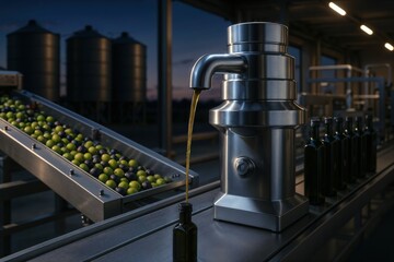 Olive oil production line. Fresh golden olive oil is poured into glass bottles by an automated machine on a factory conveyor belt with fresh olives.