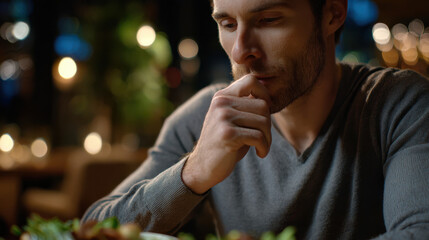 Mindful Eating Practices type. Contemplative man enjoying a meal in a cozy restaurant setting.