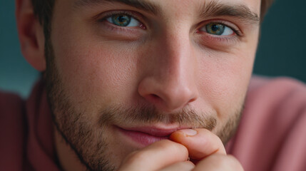 Mindful Eating Practices type. Close-up portrait of a thoughtful man with piercing eyes.