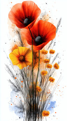 Vibrant Poppies and Yellow Wildflowers with Watercolor Splashes – Artistic Floral Illustration