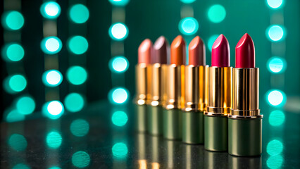 Glamorous lipstick collection displayed with vibrant bokeh lights for beauty advertising and cosmetic campaigns