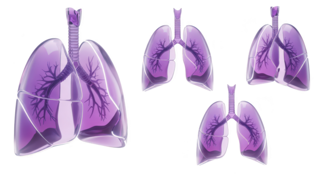 Digital illustration of human lungs displayed in transparent glass-like form isolated on white for medical educational or healthcare use