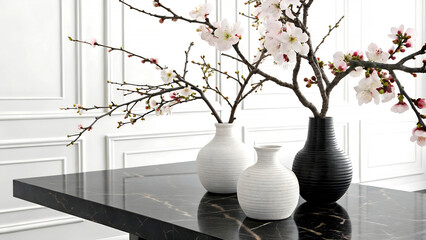 Elegant cherry blossoms in stylish vases create a serene ambiance on a modern marble tabletop