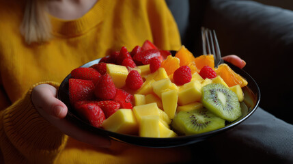 Mindful Eating Practices type. Colorful fruit salad served in a black bowl on cozy couch.