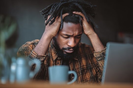 Man struggles with stress while working at a laptop in a cozy indoor setting during the evening