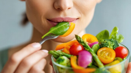 Mindful Eating Practices type. Healthy woman enjoying a fresh salad with colorful vegetables.