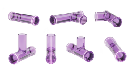Transparent purple glass tubes in various configurations isolated on a white background showcasing design and infrastructure possibilities