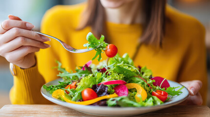 Mindful Eating Practices type. Fresh salad served on a plate with a woman enjoying it.