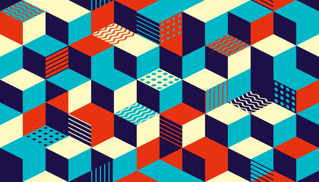 Colorful 3D cube pattern in red, blue, yellow, and navy with wavy, dotted, and striped textures. Seamless, abstract design with optical depth and modern geometric appeal.