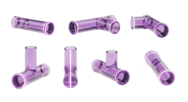 Transparent purple glass tubes in various configurations isolated on a white background showcasing design and infrastructure possibilities