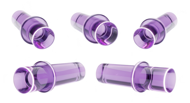 Five purple glass plugs isolated on a white backdrop showcasing various perspectives for product promotion or design