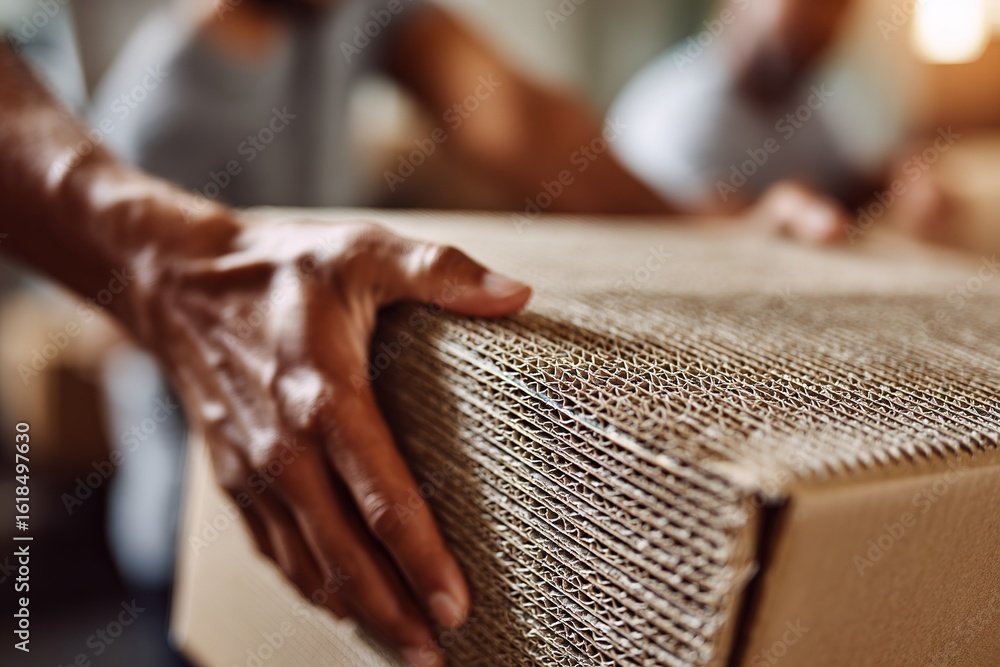 Poster individuals handling a cardboard box during a delivery process in an organized workspace setting