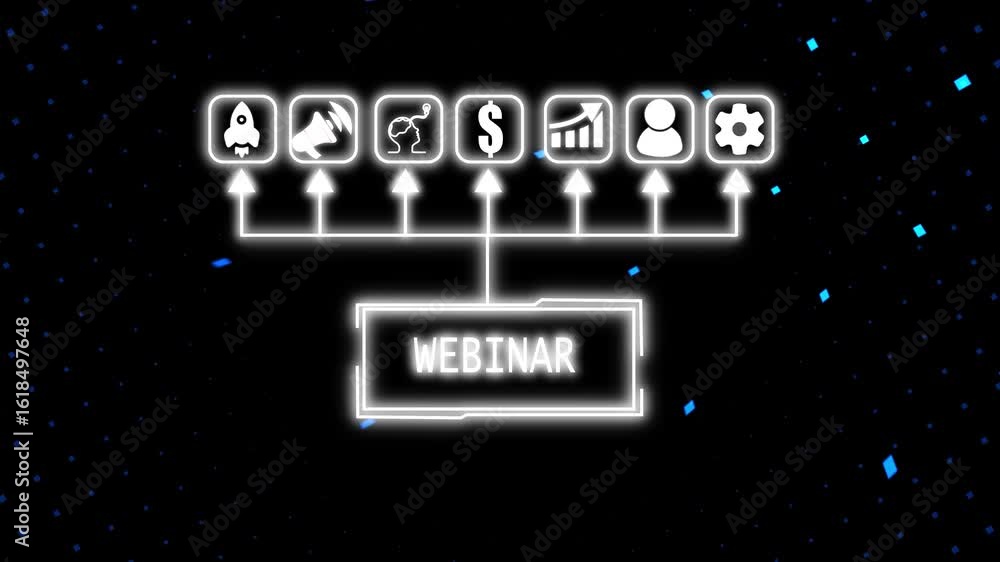 Poster webinar concept visualized with futuristic icons and business collaboration graphics, business, inte
