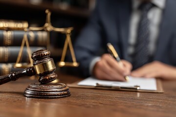 A 3D render of a legal consultant sitting at a wooden desk with a judge's gavel and pen in front of him, symbolizing authority and decision-making in a legal setting.