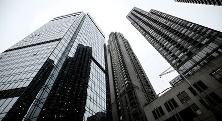 Naklejka premium Low Angle View of Modern Skyscrapers Featuring Reflective Glass Facades and Stone in Urban Setting Against Overcast Sky