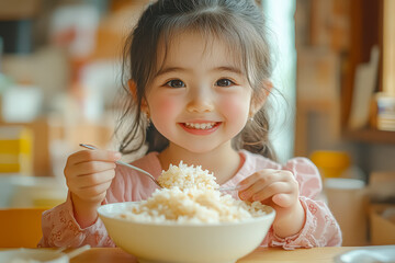 Young girl with a bright smile is holding a bowl of rice, sitting at a wooden table in a warm and inviting dining space, showcasing a moment of happiness and enjoyment during mealtime