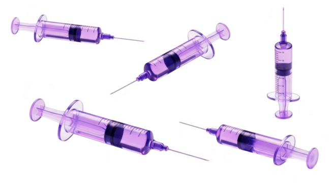 Multiple syringes filled with liquid arranged on a white background suggesting medical procedures or vaccination