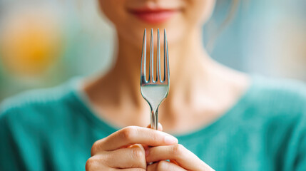 Mindful Eating Practices type. Woman holding a fork, suggesting meal preparation or dining.