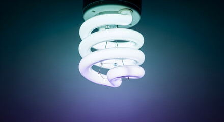 Luminous Spiral Energy Saving Light Bulb Radiating Soft White Glow on Blue and Purple Gradient Background