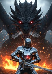 Knight facing dragon fire battle