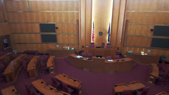 The dignified interior of the State Senate Chamber within the North Dakota State Capitol in Bismarck
