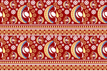 Traditional seamless ethnic pattern in red, with floral and paisley motifs for fabric design.