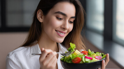 Mindful Eating Practices type. Woman enjoying a fresh salad in a modern cafe setting.
