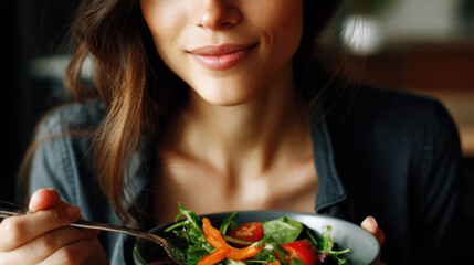 Mindful Eating Practices type. Enjoying a fresh salad with a satisfied expression.